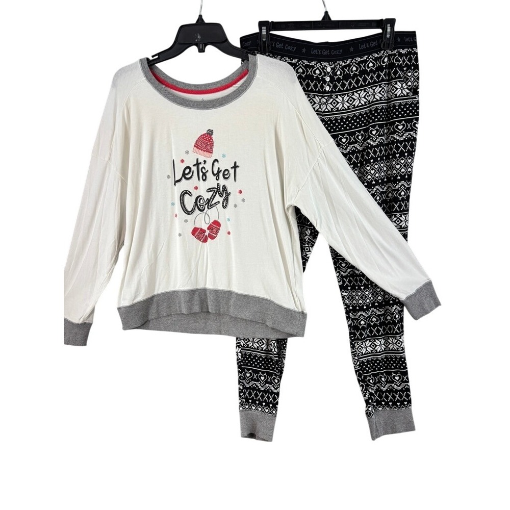 Cuddl Duds Pajama Set Women Large White Black Fair Isle Let's Get Cozy Winter